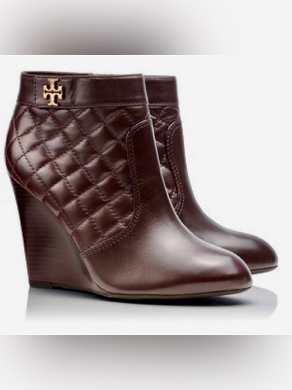 Tory Burch genuine leather in/out quilted booties golden logo 100mm wedge EUC